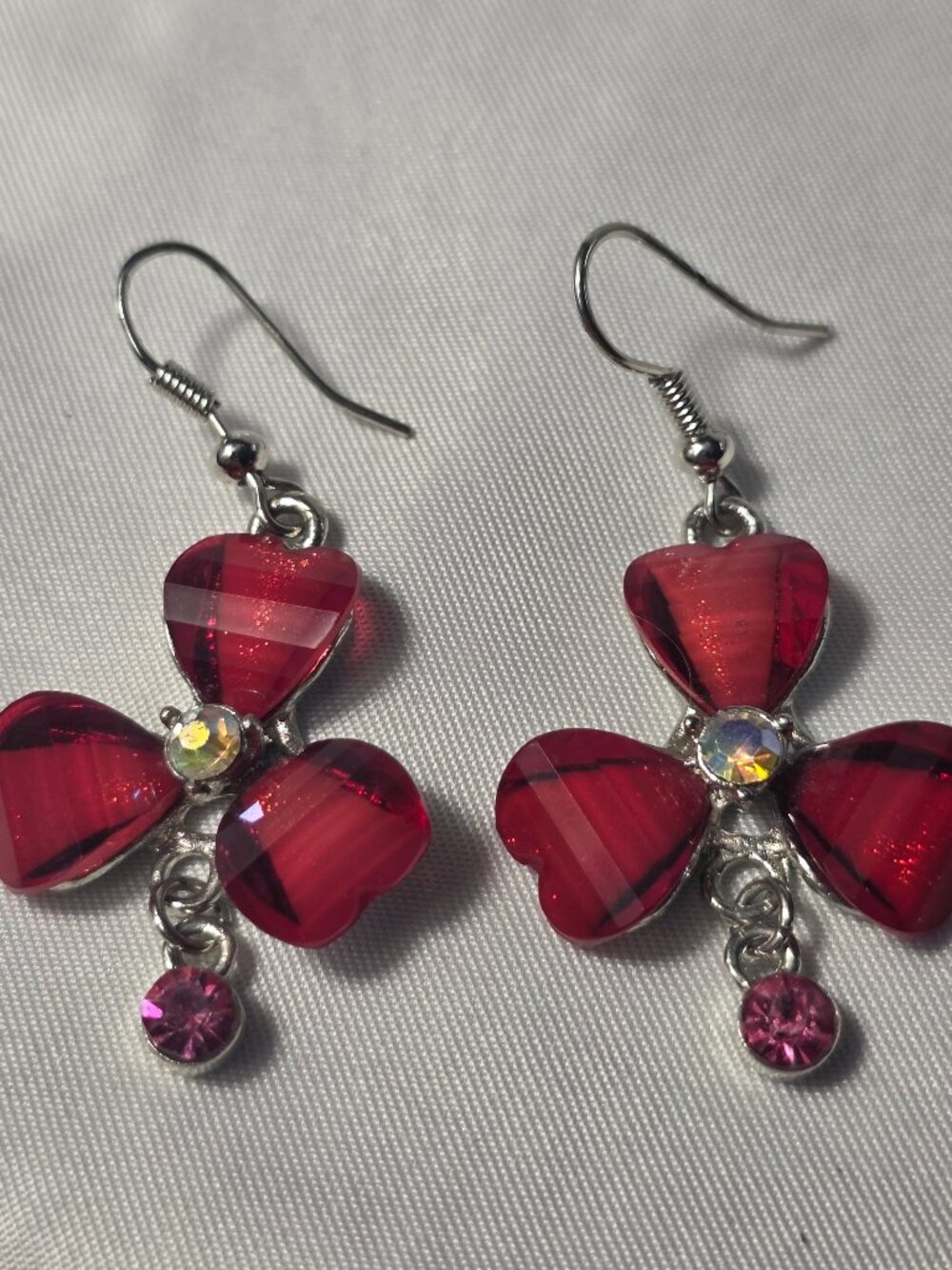 Red Floral Silver Tone Dangle Earrings with a Pink Dangle Charm French Wire